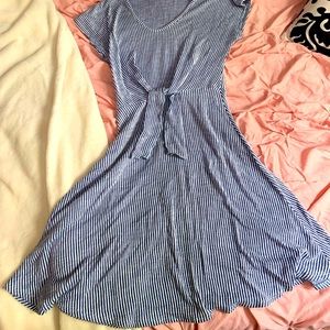 Caution to the Wind blue and white dress with tie in front